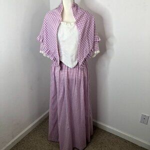 Vtg Purple Gingham Prairie Top & Skirt With White Eyelet Lace Bib Bonnet Large